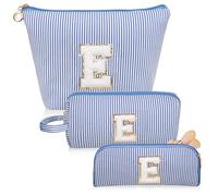Junesters Trousse de maquillage avec initiales, trousse de maquillage bleue personnalisée, grande trousse de maquillage mignonne, trousse de toilette de voyage pour femmes et filles, cadeaux E (bleu),