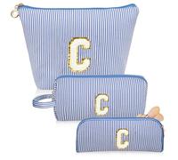 Junesters Trousse de maquillage avec initiales, trousse de toilette bleue personnalisée, grande trousse de maquillage mignonne, trousse de toilette de voyage pour femme et fille, cadeau C (bleu), bleu