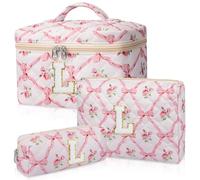 Junesters Trousse de maquillage initiale personnalisée, trousse de maquillage matelassée, grande trousse de maquillage florale pour femme, trousse de maquillage personnalisée en coton, trousse de