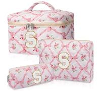 Junesters Trousse de maquillage initiale personnalisée, trousse de maquillage matelassée, grande trousse de maquillage florale pour femme, trousse de maquillage personnalisée en coton, trousse de