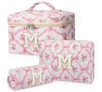 Junesters Trousse de maquillage initiale personnalisée, trousse de maquillage matelassée, grande trousse de maquillage florale pour femme, trousse de maquillage personnalisée en coton, trousse de