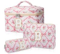 Junesters Trousse de maquillage initiale personnalisée, trousse de maquillage matelassée, grande trousse de maquillage florale pour femme, trousse de maquillage personnalisée en coton, trousse de