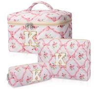Junesters Trousse de maquillage initiale personnalisée, trousse de maquillage matelassée, grande trousse de maquillage florale pour femme, sac de maquillage personnalisé en coton, trousse de toilette