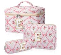 Junesters Trousse de maquillage initiale personnalisée, trousse de maquillage matelassée, grande trousse de maquillage florale pour femme, sacs de maquillage personnalisés en coton, trousse de