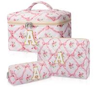 Junesters Trousse de maquillage initiale personnalisée, trousse de maquillage matelassée, grande trousse de maquillage florale pour femme, trousse de maquillage personnalisée en coton, trousse de