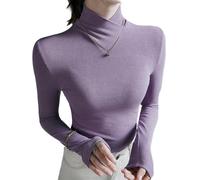 Juneyou Col roulé croisé en polaire, Hauts de base à col roulé et manches longues pour femme, pull en tricot extensible coupe ajustée (violet lilas, taille L)