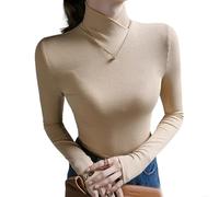 Juneyou Pull à Col Roulé en Polaire Femme Manches Longues Base Layer Tops Stretch Tricot Slim Fit, Kaki clair, L