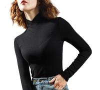 Juneyou Pull à Col Roulé en Polaire Femme Manches Longues Base Layer Tops Stretch Tricot Slim Fit, Noir , 3XL