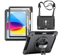 Junfire Coque Anti-Choc pour iPad (A16) 11/10ème génération 2025/2022 (11"/10,9"), Étui de protection Robust avec Protecteur d'écran, 360° Support Rotatif, Dragonne, Bandoulière et Porte-Stylet - Noir