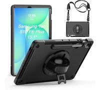 Junfire Coque Robuste pour Samsung Galaxy Tab S10 FE+ Plus (13,1") 2025, Étui de Protection résistant aux Chocs, avec Support Rotatif, dragonne, bandoulière et Porte-Stylo-Noir