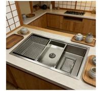 JUNFUNNLE Évier de cuisine en acier inoxydable - Grand bac - 1 bac encastrable - Lavabo de cuisine avec grille en acier inoxydable - Égouttoir - Bonde et kit de trop-plein - Argenté - 80 × 50 × 22 cm