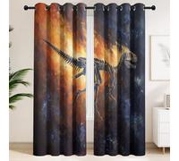 Jungenzimmer Gaming-Raum Verdunklungsvorhänge 2er Set, Humorvoll Grandios Blickdicht Gardinen, Fenster Deko Sci-Fi Fantasy Rennende Dinosaurier-Skelette Meteor Lärmschutzvorhang 160 x 107 Blau Orange