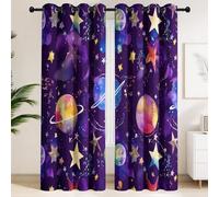 Jungenzimmer Gaming-Zimmer Verdunklungsvorhänge 2er Set, Sci-Fi Mystisch Blickdicht Gardinen mit Ösen, Fenster Deko Aquarell Weltraum Universum Sterne Planeten Lärmschutzvorhang H280 x B140 Lila