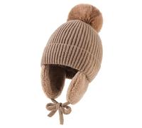 Jungerhouse Bonnet d'hiver Garçon Fille Chapeaux Pompon Tricotés Chauds Enfant Casquette Doublée en Polaire avec Cache-Oreilles 2-8 Ans (Brun,Taille Unique)