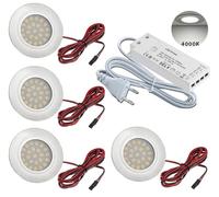 JungesLicht - 4 spots LED encastrables pour meubles - Pour trous de 55 à 60 mm, ultra plats (10 mm), 2 W 12 V 200 lumens, blanc neutre 4000 K - Avec transformateur et câble de raccordement - Montage
