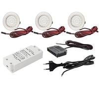 JungesLicht Lot de 3 spots encastrables pour meuble Couleur : acier inoxydable brossé | Ampoule LED 2 W blanc chaud 3000 K | Avec transformateur LED 16 W et fiche de raccordement (kit complet)