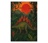 Jungle au Coucher du Soleil stégosaure Puzzle 1000 Pièces en Bois | Feuillage Tropical, Jungle préhistorique, Art naïf, Motif Complexe, Fabrication en Bois, Plaisir Puzzle, Jeu de Réflexion