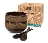 Jungle Culture® Bols Noix de Coco à Motifs avec Cuillères • Lot de 2 Bols en Coquille de Coco avec Paille en Bambou et Pochette • Bol Naturel pour Céréales, Smoothie, Poke, Buddha • Cadeau Artisanal