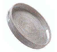 Jungle Culture Plateau de Service en rotin 34cm • Plateaux de Service tissés avec poignées pour la Maison • Plateau Rond pour Table Basse • Panier de Service en Osier pour Le Pain, Les Fruits • Blanc