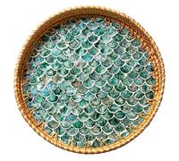 JUNGLE CULTURE Plateau de Service en rotin de 30 cm avec Incrustation en Nacre • Collection Coastal Boho • Tissé à la Main avec poignées pour la Maison • Plateau de Table de Salle à Manger Rond