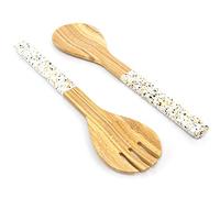 Jungle Culture® Saladiers en Bambou - Ustensiles de Service Naturels - Pinces en Bois Ecologiques - Coutellerie de Cuisine - Vaisselle pour Saladiers et Fruits - Poignées Terrazzo Style