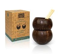 Jungle Culture® Tasses en Coquille de Noix de Coco véritable pour Cocktails et Smoothies • Bols en Noix de Coco et Pailles en Bambou • Tasse en Bois Naturel • Tasses Zéro Déchets • Gobelets à Boire