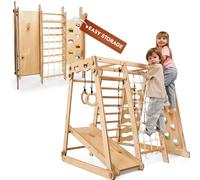 Jungle gym d’intérieur en bois 9-en-1 pour enfants, avec espalier suédois, barres de singe, barre de traction, anneaux, balançoire, échelle de corde, planche d’escalade, toboggan et plateforme
