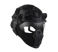 Jungle Leopard Ensemble de Protection Tactique Comprenant Un Casque Demi-Visage avec Grille de Protection, Un Masque avec Protections latérales d'oreilles et des Lunettes à visière relevable.(MCBK)