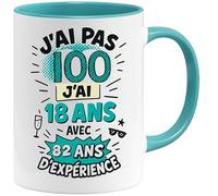 Jungle Mug | Mug 100 Ans Anniversaire Humour | Cadeau Original Femme Homme 100e Année | Tasse Drôle J’ai Pas 100 Ans - J’ai 18 Avec 82 Ans d’Expérience | Céramique, Blanc/Bleu, 330 ml