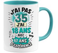 Jungle Mug | Mug 35 Ans Anniversaire Humour | Cadeau Original Femme Homme 35e Année | Tasse Drôle J’ai Pas 35 Ans - J’ai 18 Avec 17 Ans d’Expérience | Céramique, Blanc/Bleu, 330 ml