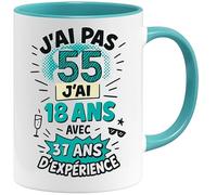 Jungle Mug | Mug 55 Ans Anniversaire Humour | Cadeau Original Femme Homme 55e Année | Tasse Drôle J’ai Pas 55 Ans - J’ai 18 Avec 37 Ans d’Expérience | Céramique, Blanc/Bleu, 330 ml