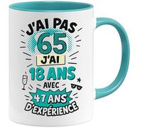 Jungle Mug | Mug 65 Ans Anniversaire Humour | Cadeau Original Femme Homme 65e Année | Tasse Drôle J’ai Pas 65 Ans - J’ai 18 Avec 47 Ans d’Expérience | Céramique, Blanc/Bleu, 330 ml