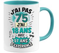 Jungle Mug | Mug 75 Ans Anniversaire Humour | Cadeau Original Femme Homme 75e Année | Tasse Drôle J’ai Pas 75 Ans - J’ai 18 Avec 57 Ans d’Expérience | Céramique, Blanc/Bleu, 330 ml