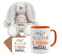 Jungle Mug Tasse cadeau amusante avec inscription en allemand « Du bist mein lieblings Moldu | Idée cadeau | Tasse Moldu | Idée cadeau pour ami (Teddy, tasse et dessous-de-verre, orange)