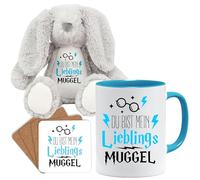 Jungle Mug Tasse cadeau amusante avec inscription en allemand « Du bist mein lieblings Moldu | Idée cadeau | Tasse Moldu | Idée cadeau pour ami (Teddy, tasse et dessous-de-verre (bleu clair)