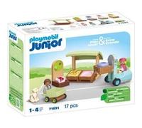 Playmobil 71691 Junior : Etal de Fruits et légumes Bio - Comprenant Un véhicule, Un Chariot de Courses et des caisses empilables - Jouet fabriqué à partir de matière d'origine végétale - Dès 12 Mois