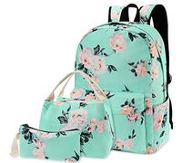 Junlion Fleurs Sac à Dos Enfants Sac D'école 3-en-1 Ensemble de Cartables, Rose Sac à Dos pour Ordinateur Portable Sac à Déjeuner étui à Crayons Cadeau pour Adolescentes Femmes Vert