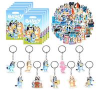 JunMallko Bluey Cadeaux Anniversaire de Fête pour Enfants, 70 Pcs Bluey Décoration Anniversaire Kit, 10 Sac Cadeau, 10 Acrylique Porte-clés, 50 Autocollants