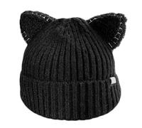 JUNNASALIKER Bonnet Beanie, Mignon avec Oreilles de Chat Chapeaux Décontracté Oreille pour Protection Couleur Unie Chapeau Bonnet Tricoté en Laine C, Noir , S/L