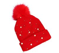 JUNNASALIKER Bonnet tendance en laine avec pompon et perles - Coupe-vent pour sports de plein air, Rouge, S/L