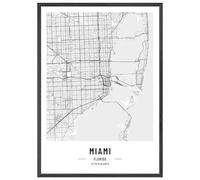 JUNOMI® Poster XL Miami Noir et Blanc - DIN A2 Décoration de Salon, Tableau Mural Moderne, Plan de Ville avec Cadre - Idée Cadeau Parfaite