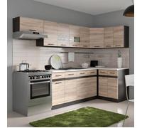 Générique JUNONA Cuisine d'angle Complete mélaminée L 3m40 avec LED - Décor Sonoma Bande décor wengé
