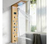 JUNSHENG Colonne de Douche Hydromassante Panneau de Douche Acier Inox Multifonction avec Écran LED, 5 modes d'eau, ensemble de panneaux de douche dorés avec pommeau de douche et bouche pour baignoire