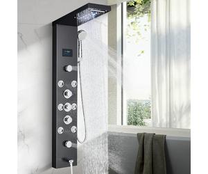 JUNSHENG Panneau de douche avec système de douche à 5 fonctions, système de douche en acier inoxydable 304 avec pomme fixe, massage, douche et bouche pour baignoire, noir, avec écran LED
