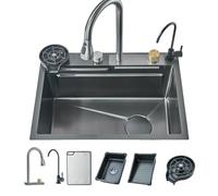 JUNSOTTOR | Évier Cuisine Inox 1 Bac Ultra-Fonctionnel | Planche Intégrée + Robinet Cascade Extractible Noir Lave-Verre/Distributeur | 60x45cm