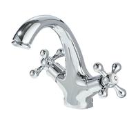 JUNSOTTOR Mitigeur de lavabo traditionnel victorien, double poignée en croix, robinet d'évier monobloc avec bonde pop-up et tuyaux britanniques, finition chrome poli antique, bec en col de cygne