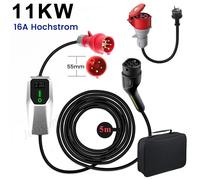 JUNSUN Cordon de charge type 2 prise CEE16A avec adaptateur Schuko 11kW[3-phasé, 5m, 6-16A], chargeur EV avec affichage numérique contrôlable pour voiture électrique