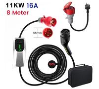 JUNSUN Cordon de charge type 2 prise CEE16A avec adaptateur Schuko 11kW[3-phasé, 8m, 6-16A], chargeur EV avec affichage numérique contrôlable pour voiture électrique