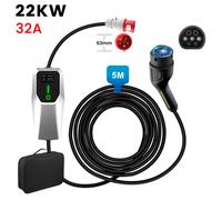 JUNSUN Cordon de charge type 2 prise CEE32A 22kW[3-phasé, 5m, 6-32A], chargeur EV avec affichage numérique contrôlable pour voiture électrique