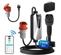JUNSUN Mobile Wallbox EV Chargeur 11kW Type 2 6m Câble de charge 5 pôles 6-16A CEE mâle Adaptateur,Contrôle WIFI/APP Courant réglable